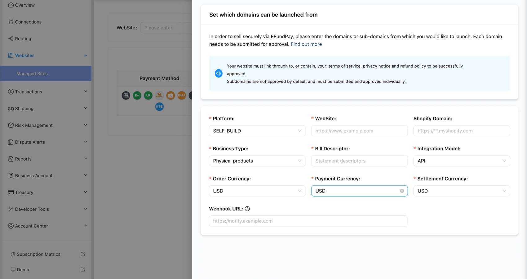 Site connection setup dashboard